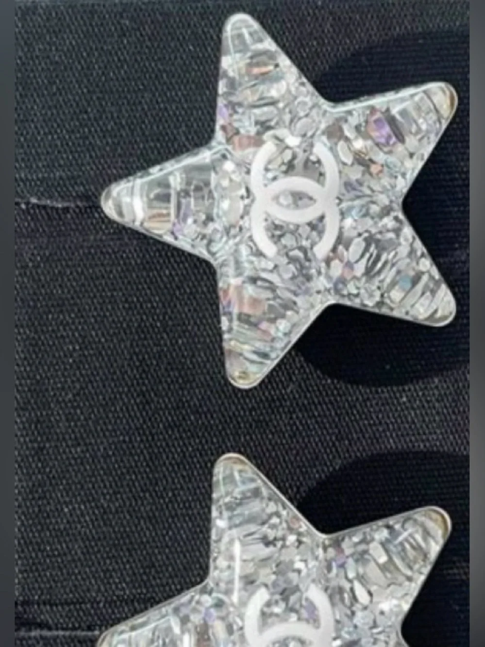 CHANEL White CC Silver Glitter Resin Star Studs